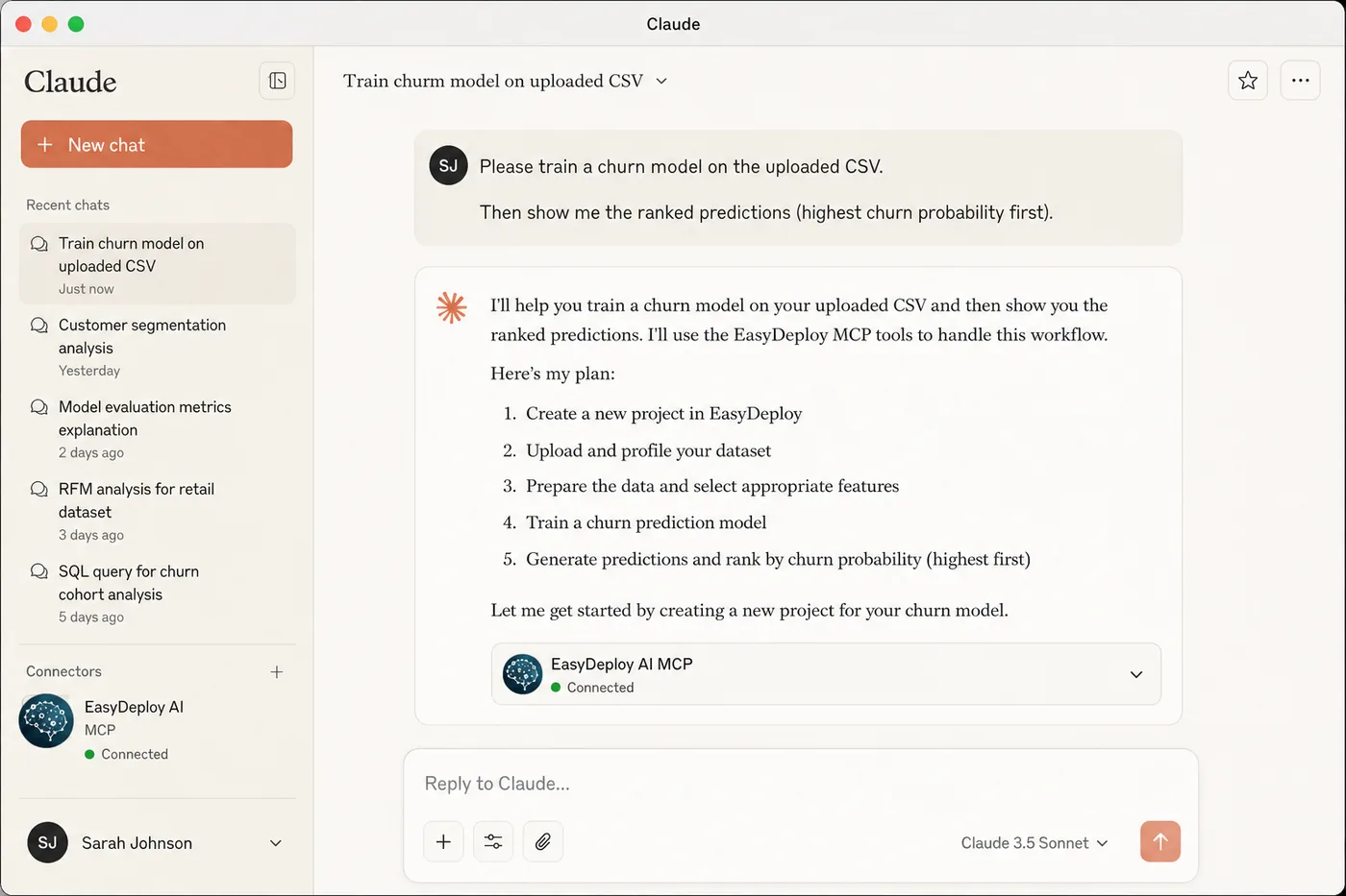 Claude Desktop showing EasyDeploy AI MCP connected and a chat about training a churn model